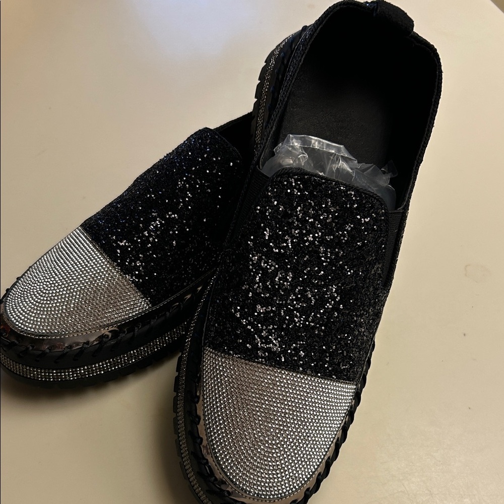 Black and Silver Glitter Slip-On Shoes Size 10
